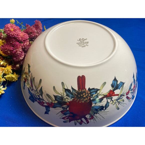 Lenox Winter Greetings Curved Serving Bowl 10.25" Across 4" Tall Cardinal Ribbon - Picture 2 of 6